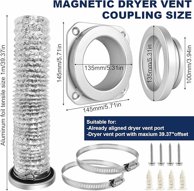 Magnetic Dryer Vent Coupling Kit, Quick Connect Aluminium Alloy DV180 Wall Adapter Self-Alignment Design Dryer Vent Connector Airtight Seal Dryer Vent Hose Including 3.3Ft 4" Foil Duct & 2 Clamps