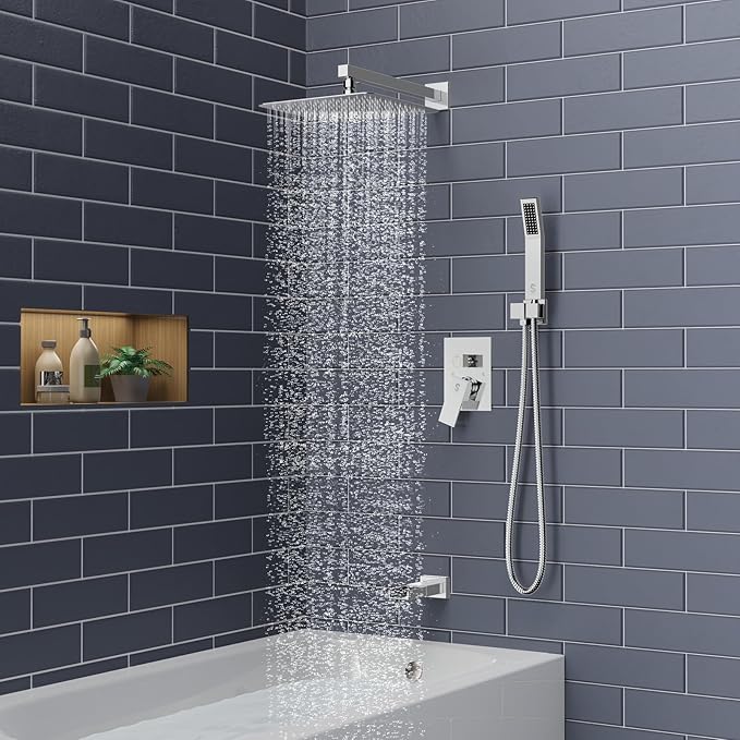 SR SUN RISE 12 Inches All Metal Square Shower System with Tub Spout, Tub Shower Faucet Set, High Pressure Rain Shower Head and Handheld Sprayer Combo Shower Fixtues, Valve Included, Polished Chrome
