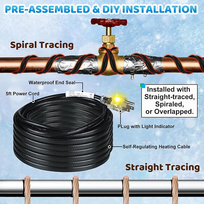 Kingdder 6FT - 48FT Heat Tape for Water Pipes Thermostat Self Regulating Heating Cable with Power Indicator Plug Built-in, Heavy Duty Heating Cable for Pipe Freeze Protection, 120V 8W/ft(2 Pcs,6 Ft)