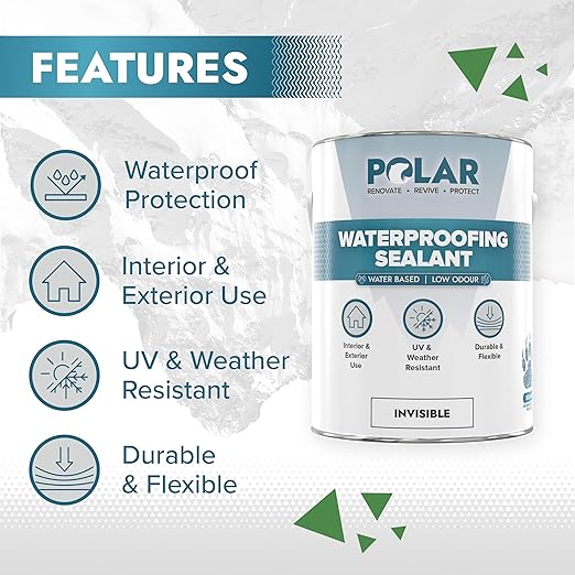 Polar Waterproofing Sealant - 84 Fl Oz - Clear Invisible Finish - Outdoor Waterproof Coating for Interior & Exterior Wood, Brick, Stone Surfaces, Concrete Tile & Grout - One Coat Waterproof Protection