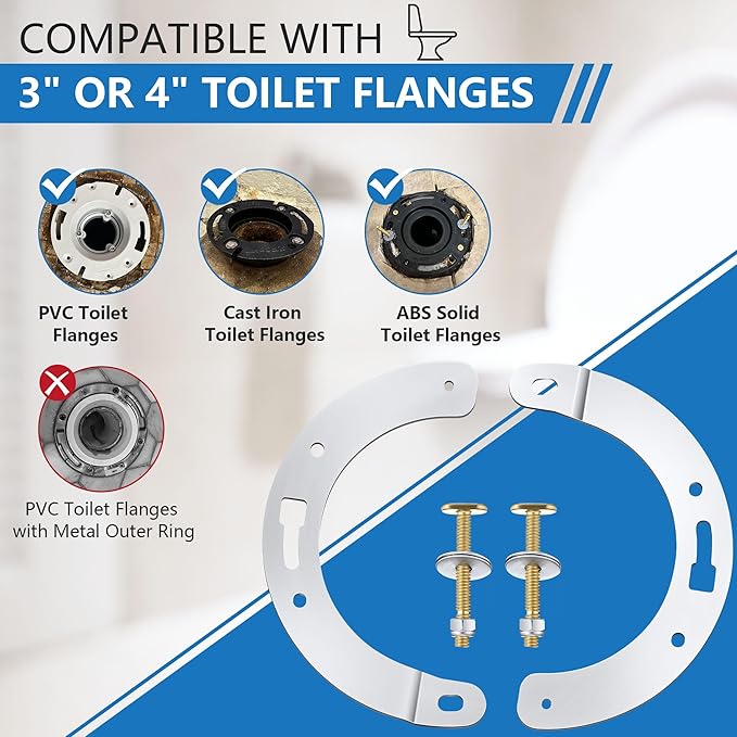 2 Piece Toilet Flange Repair Kit, Toilet Flange Repair Ring with 1/4" x 2-1/4" Closet Bolts, Stainless Steel Split Ring for Cast Iron, PVC or ABS(1 Pack)