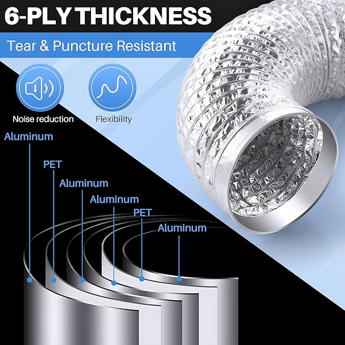 Dreyoo 6 Pack 4" Flexible Dryer Vent Hose, 3 Ft Heavy Duty Aluminum Dryer Exhaust Hose, Thick(6-ply) Foil Insulated Ducting Kit with Clamps, Aluminum Foil Tape, Screwdriver, Indoor Outdoor