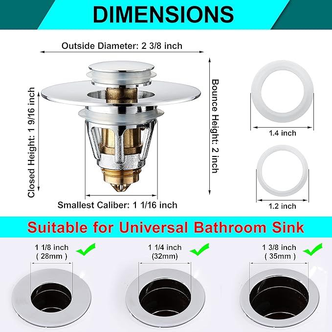 Universal Bathroom Sink Stopper - Stainless Steel Bounce Drain Filter, Pop Up Drain Stopper, Bullet Core Push Type Sink Stopper for Wash Basin, Sink Drain Plug with Anti-Clogging Strainer, Chrome