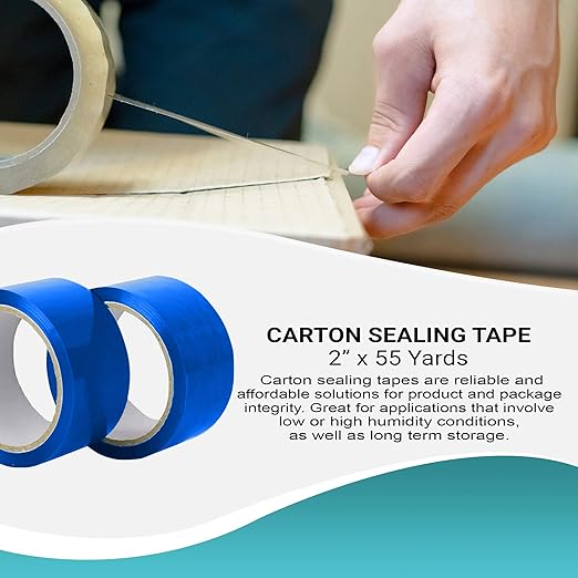 APQ 36 Rolls of Carton Blue Sealing Tape 2” x 55 Yards. Thickness 2 Mil. 50 Mic Polypropylene Pressure Sensitive Tape for Packing, Shipping, Moving Boxes. Acrylic Adhesive. No Weathering, Yellowing.