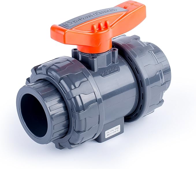HYDROSEAL Kaplan PVC 1 1/2" True Union Ball Valve with Full Port, ASTM F1970, EPDM O-Rings and Reversible PTFE Seats, Rated at 200 PSI @73F, Gray, 1 1/2 inch Socket (1 1/2")
