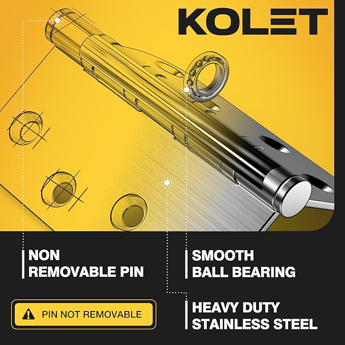 KOLET Ball Bearing Door Hinges, 4 x 4 Inches Door Hinges, Heavy Duty Stainless Steel Hinges, 5/8'' Radius Corner, Smooth and Quiet, Non Removable Pin, Brushed Nickel, 3 Pack