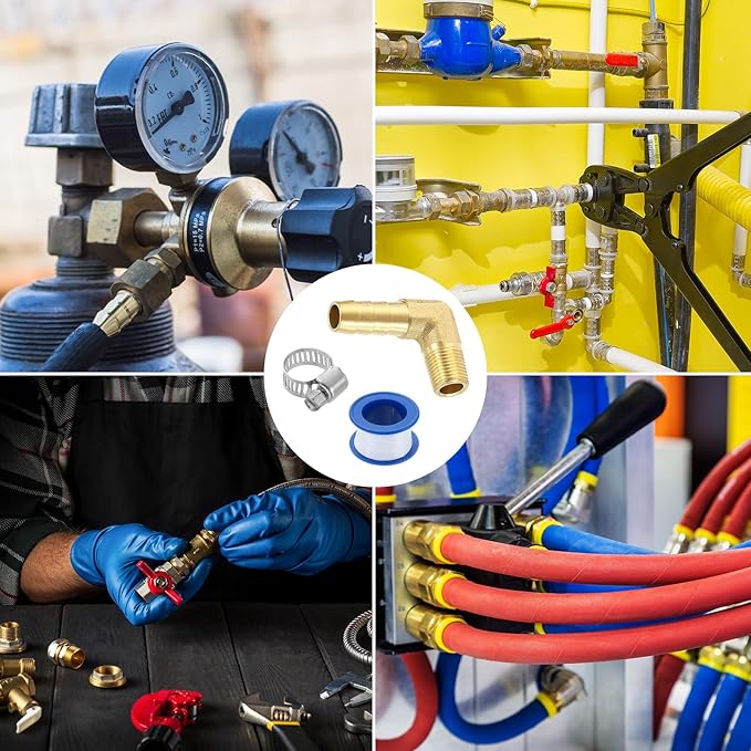 uxcell 2Pcs Brass Hose Barb Fittings, 5/16" x 1/8" NPT 90 Degree Elbow Hose Connector with Hose Clamps for Water Fuel Gas Oil Transportation
