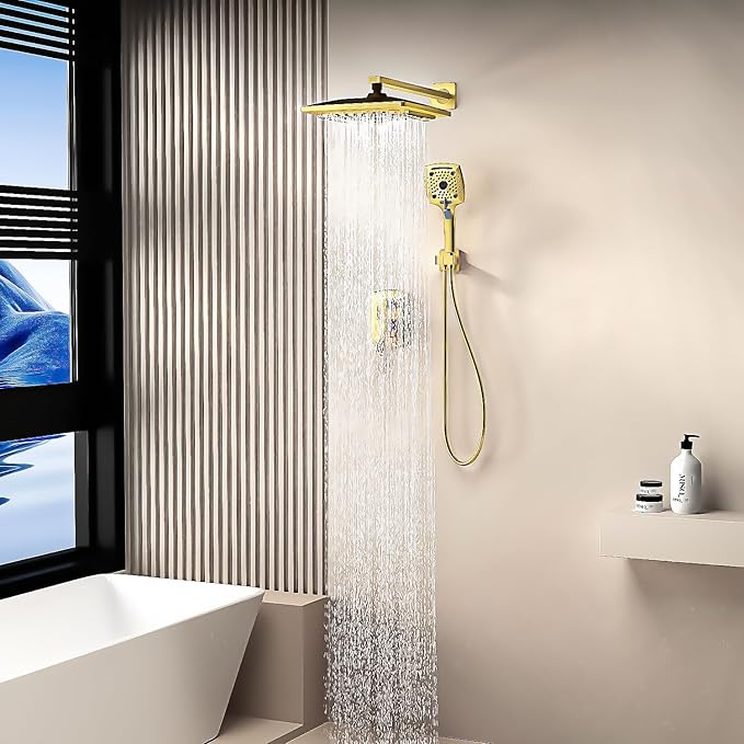 ELLO&ALLO Bathroom Shower Faucet Set Mixing Valve and Trim Kit, Complete Shower System with Rough-in Valve, Brushed Gold