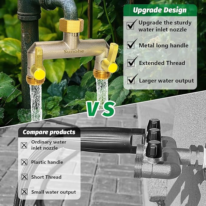 Garden Hose Splitter, Water Hose Splitter 2 Way Heavy Duty Brass Nickel Plated, Extended Metal Handle 3/4-Inch Hose Manifold, Rust and Freeze Resistant High Flow Outdoor Faucet Splitter