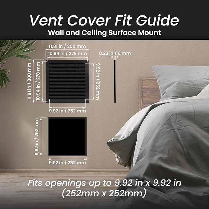 Repa Market 12 x 12 Inch (Outer) Black Square Air Vent Cover - Pack of 2 Plastic Fresh Air Intake Vent - AC Cover with Nylon Mesh Screen, Wall, Ceiling HVAC Return Air Register, Modern Soffit Vents