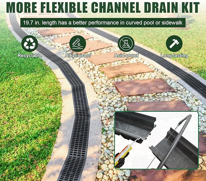 HDPE Channel Drain with Grates-19.7x5.5x3.7 in. Trench Drain System,2 Pack Total Length 39.4 in,Yard Drainage System with 2 Outlet Adapters for Outdoor,Yard Fence,Pool,Sidewalk,Patio