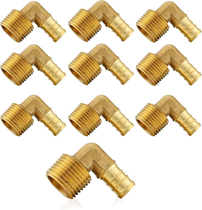 (10-Pack) PEX Fittings, Pex 1/2" x 1/2" Male Threaded NPT Elbow Adapter, Brass Crimp Fittings, for PEX Tubing Pipe Plumbing, ASTM F1807(PEX1807096)