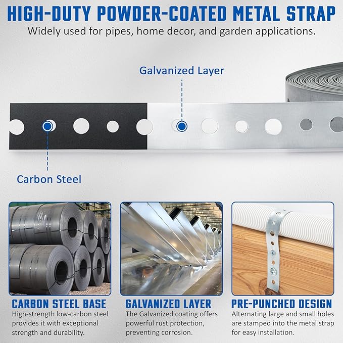 Galvanized 3/4-Inch X 50-Feet Metal Strapping with Holes 24-Gauge Metal Pipe Hanger Strap for Plumbing, HVAC and Duct Support