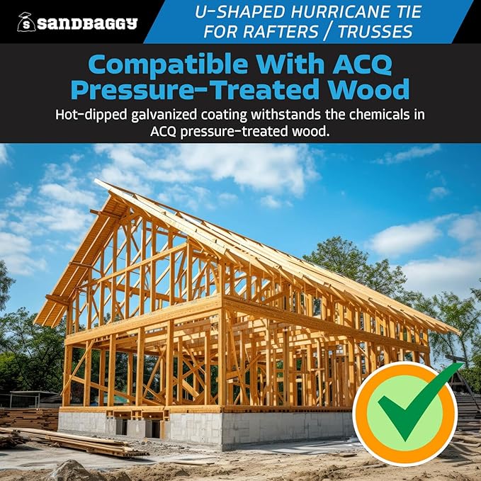 Sandbaggy U-Shaped Hurricane Tie - Hot Dipped Galvanized, 18 Gauge - Structural Wood Framing Connectors for Rafters, Trusses, Deck Joists (U-Shaped, 150, Count)