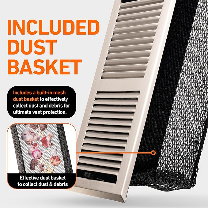 4X12 Floor Vent Covers Floor Register with Mesh Cover Trap, Heat and Air, Walkable Metal Floor Vent for HVAC Duct, Contemporary, Satin Nickel