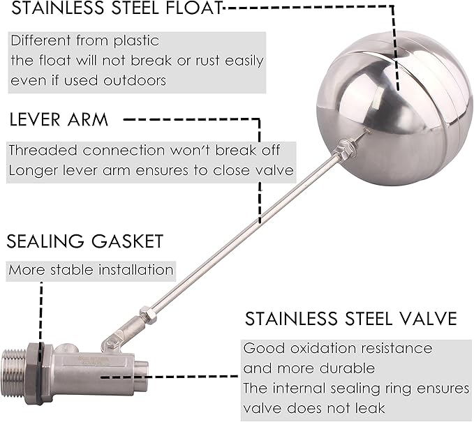 Stainless Steel Float Ball Valves - 3/4” NPT Male Thread Flow Control Float Sensor Valve Automatic Water Level Control Float For Tank Pond Water Tower