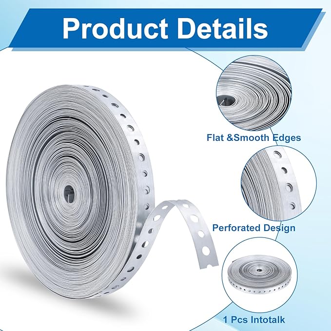 Galvanized Metal Pipe Strap, 100 Feet 24-Gauge Galvanized Hanger Straps, Pipe Hanger Strap Pipe Strap Metal Strap for Pipe Support Hanging and Flexible Trimming with Holes
