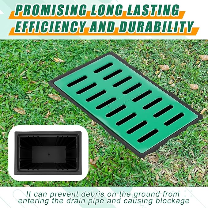 Catch Basin with Grate 14 x 22 x 24 Inch Square Large Catch Basin for Drainage with Debris Basket French Drain Without Reserved Hole for Yard, Downspout, Lawn, Municipal Pipeline, Green, Black