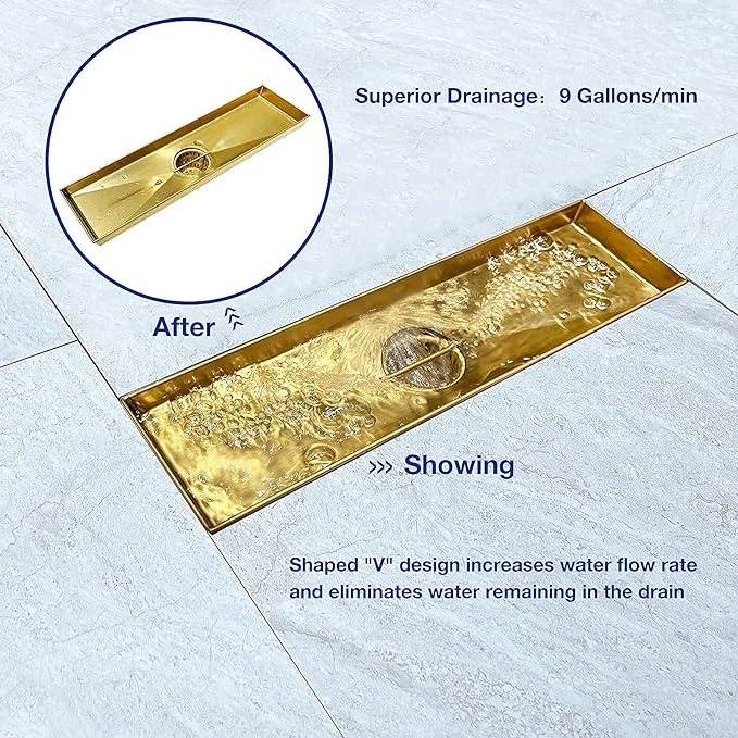 Linear Shower Drain 12", 304 Stainless Steel Floor Drain with Grid Drain Cover & Hair Strainer, Rectangular Shower Drain w/CUPC Certified, Brushed Gold