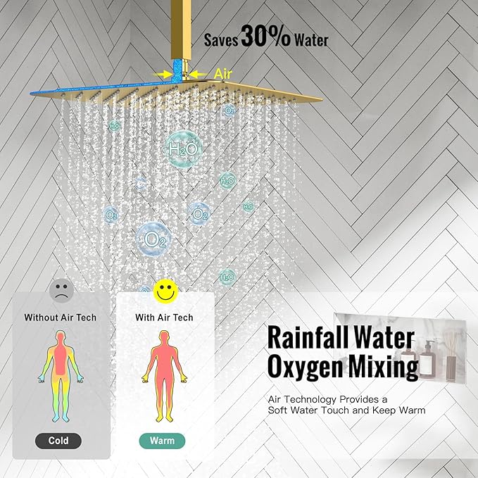 SR SUN RISE 16 Inch Ceiling Mounted Shower System Rain Mixer Shower Combo Set Rainfall Shower Head System Brushed Gold Shower Faucet Rough-in Valve Body and Trim Included