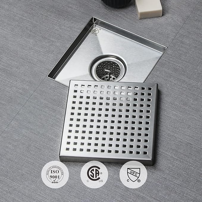 SaniteModar Square Shower Drain 6 inch Comes with Removable Square Hole Panel by Using 304 Stainless Steel Brushed Process. It is Equipped Hair Filter and Threaded Joint with Rubber Ring