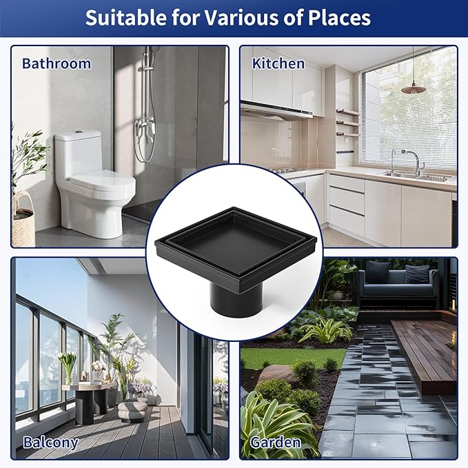 Square Shower Drain 4", Matte Black Floor Drain with Tiled Insert Grate & Hair Strainer, 304 Stainless Steel Bathroom 2-in-1 Tiled in Drain, CUPC Certified (Matte Black, 4'')