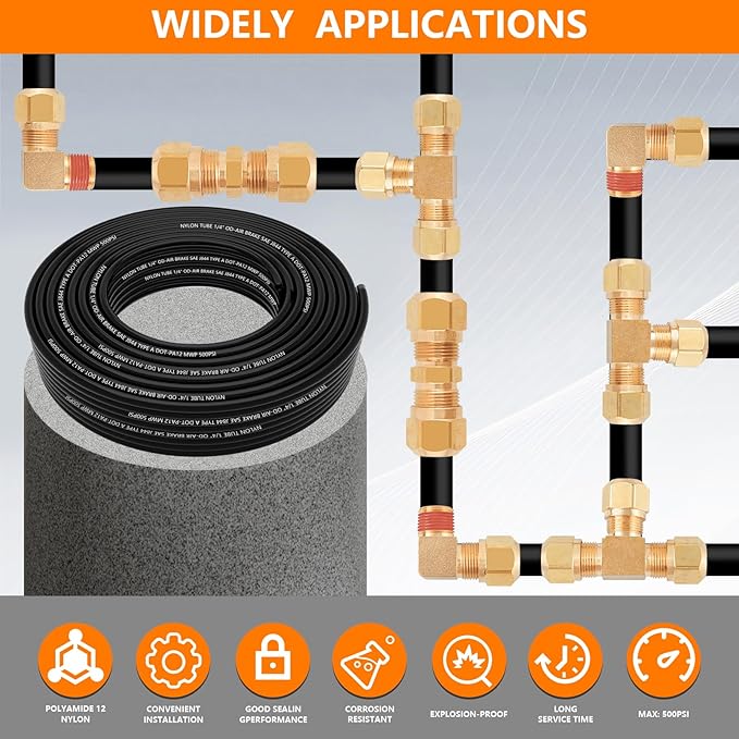129 PCS Brass DOT Air Line Fittings with 50FT 1/4" DOT Air Line Kit Quick Connect 1/4" 1/8" 3/8" 1/2" NPT Thread Fittings with Pneumatic Tubing Set for Semi Truck Trailer or Industrial Air System