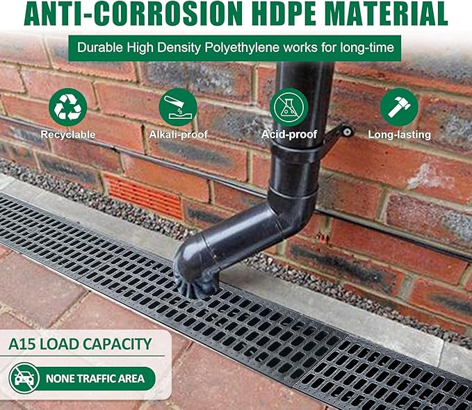 Deep Profile HDPE Trench Drain-39.4Lx6.1Wx5.5H in. Channel Drain with Grates,Durable Plastic Yard Drainage System for Outdoor,Yard Fence,Houseside,Pool,Sidewalk,Patio,Backyard,Landscape