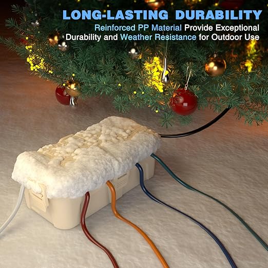 Flemoon Medium Outdoor Electrical Box (11.5x5.2x4 inch), IP54 Waterproof Extension Cord Cover w/6 Cable Entry Ports, Weatherproof Connection Box for Power Strip, Timer, Holiday Lights, Almond
