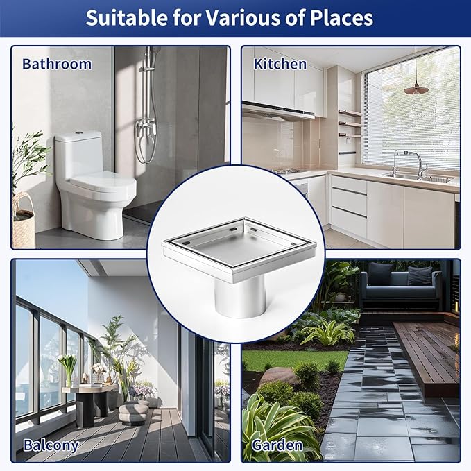 Square Shower Drain 4" with 2" PVC Flange Base, 304 Stainless Steel Tile in Floor Drain w/Tiled Insert Grate & Hair Catcher, CUPC Certified, Brushed (Brushed, 4'')
