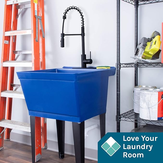 Utility Sink Extra-Deep Laundry Tub in Blue with High-Arc Black Coil Pull-Down Sprayer Faucet, Integrated Supply Lines, P-Trap Kit, Heavy Duty Floor Mounted Freestanding Wash Station