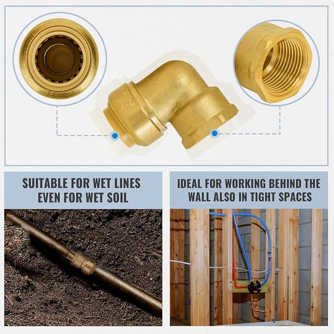 SUNGATOR 3/4 Inch Female Adapter Elbow, 3/4 Inch FNPT, No Lead Brass Push-to-Connect Plumbing Fittings for PEX Pipe, Copper, CPVC, with 1 Disconnect Clip and 1 Sealing Tape, Pack of 2