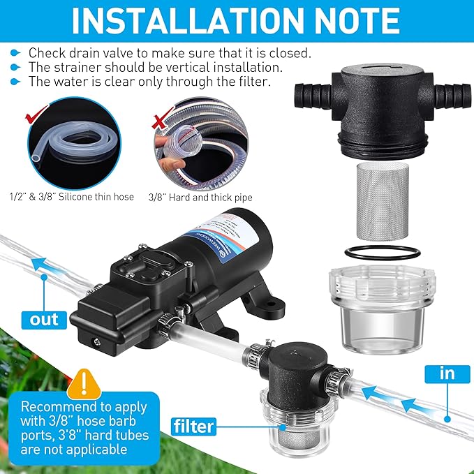 Water Pump Strainer, 3/8 Inch Hose Barb In-Line Strainer Twist-On Sprayer Filter for Water Pump 12V DC 80 PSI RV Camper Marine Boat Lawn