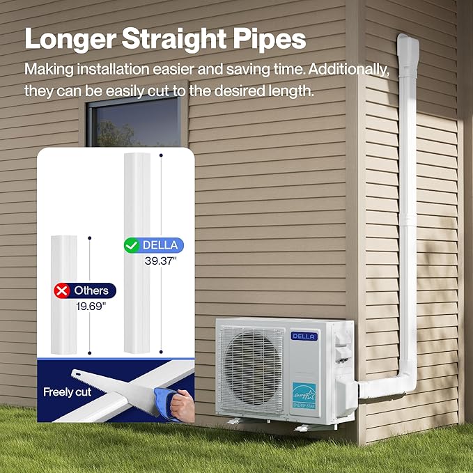 Della 3" 9 Ft Mini Split Line Set Cover with Flexible Duct, Decorative PVC Lineset Cover Kit, Paintable for Mini Split Air Conditioner, HAVC & Heat Pumps Systems Tubing Cover, White