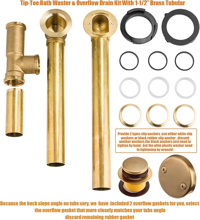 Artiwell 1-1/2" Brass Tubular Bath Drain Kit with Tip-Toe Bath Drain Stopper, Touch-Toe Tub Drain, Tip Toe Bathtub Drain Waste and Overflow With Plug and Bathtub Overflow Drain Cover, Champagne Bronze