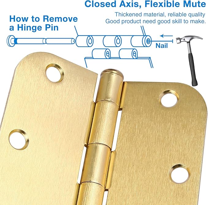Door Hinges Satin Brass 3.5 Inch x 3.5" Interior Gold Door Hinges for Doors 3 Pack Brushed Brass Door Hinges 3-1/2" Rounded 5/8"Radius Corners Bedroom Residential Standard Indoor Door Hardware Hinge