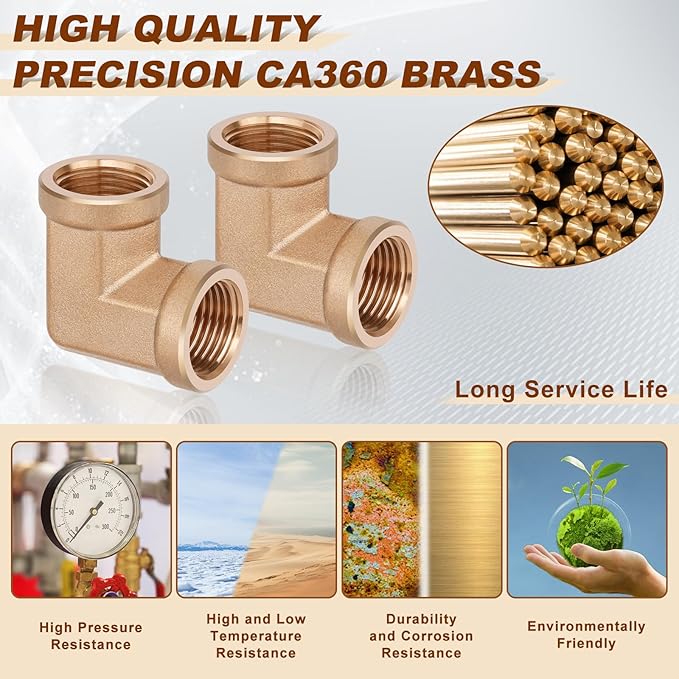 2pcs 3/8” Brass Fittings 90 Degree Barstock Street Elbow 3/8" NPT Female Pipe to 3/8" NPT Female Pipe 3/8 NPT Female Elbow Forged Brass Pipe Fittings