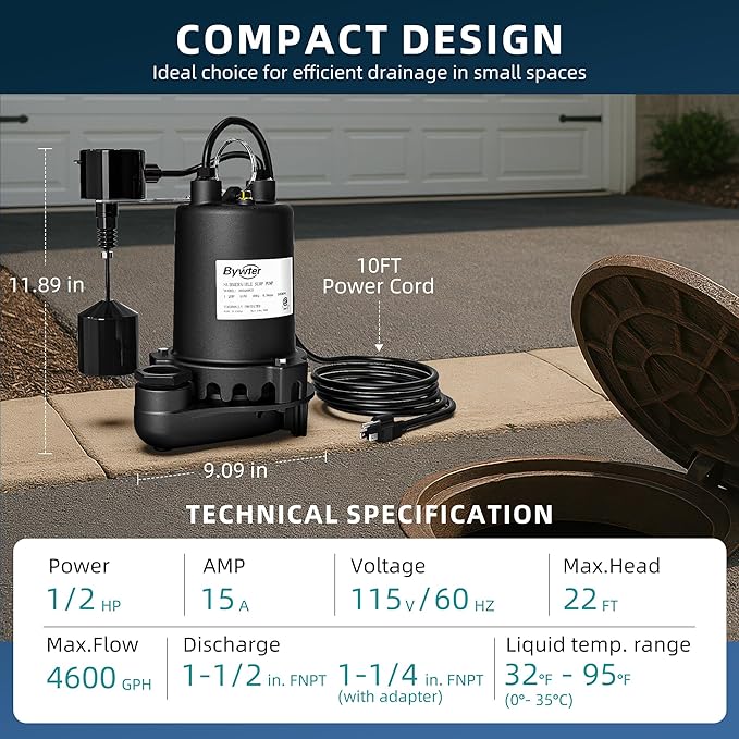 1/2 HP Sump Pump, 4600 GPH High Flow, 22 FT Lift, 115V Cast Iron Sewage Pump with Built-in Vertical Float Switch, Heavy Duty Sewage/Effluent Pump for Basement, 10 FT Power Cord