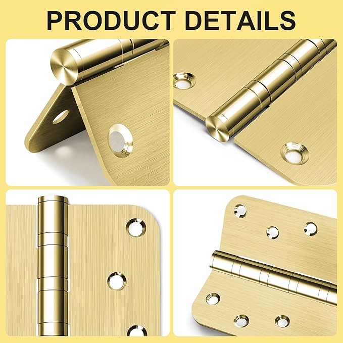 3 Pack 4" Heavy Duty Door Hinges with 5/8'' Radius Corner, 4in x 4in Stainless Steel Door Hinges for Exterior & Interior Doors, Smooth and Quiet (Gold)