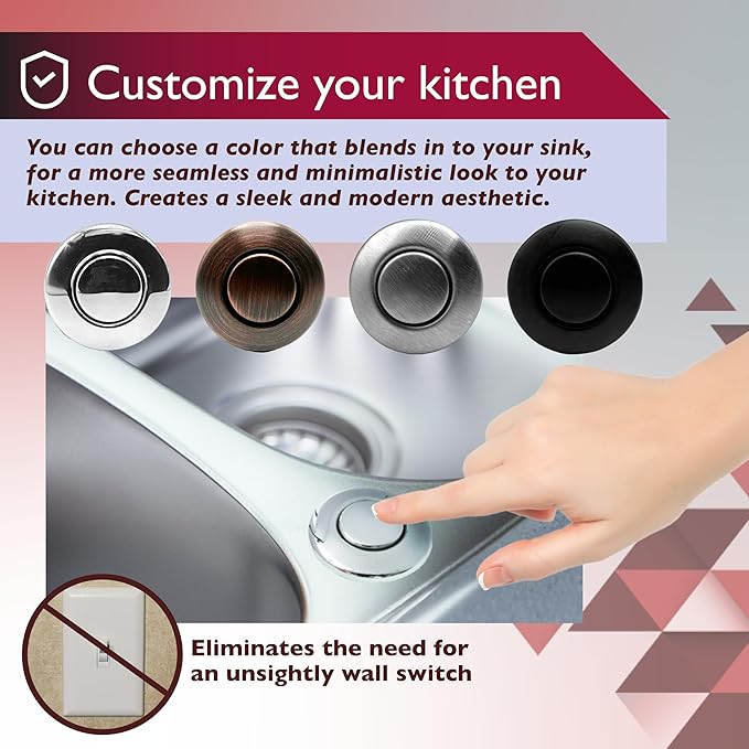 Disposal Air Switch Kit for Garbage Disposal Hands-Free On/Off Control UL Approved Includes 6' Air Tube 1-3/8" Air Button Safe & Convenient for Kitchen No Wiring Needed (Flat Black)