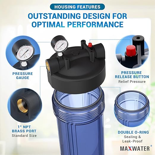 Max Water 20" x 4.5" Whole House Water Filter Housing – Fits Standard Large Blue Filters – 1 inch Inlet/Outlet Ports with Pressure Gauge Wrench and Bracket (2 Housing + 2 Pressure Gauge)