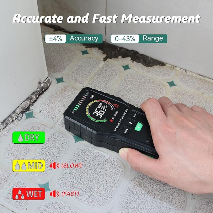 RDINSCOS Moisture Meter detects moisture from leaks, flooding, or high humidity in basements, bathrooms, kitchens and drywall