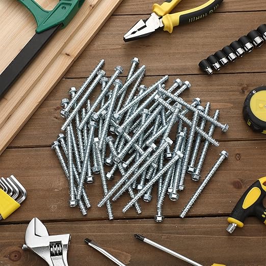 Tandefio 50 Pack 1/4" x 4" Concrete Screw Anchor Galvanized Large Diameter Heavy Duty Plated Concrete Anchors for Masonry Brick Anchoring Block Decking Framing Hex Drive