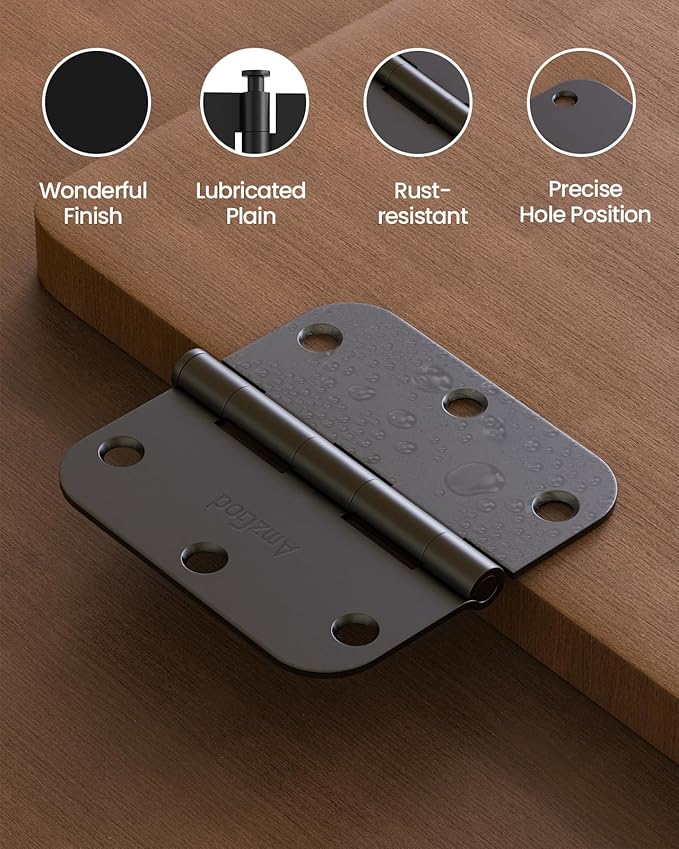 Black Door Hinges - 48 Pack 3.5 Inch Rounded with 5/8" Radius Matte Black Door Hinges for Interior and Exterior Doors - Heavy Duty 3 1/2" Residential Door Hardware