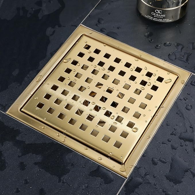 6 Inch Square Shower Floor Drain, Stainless Steel Black Shower Drain Kit with Flange, Floor Drain with Removable Grid Cover,Brushed Gold