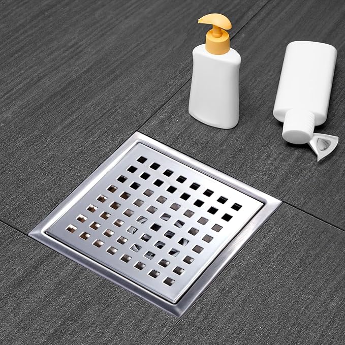 Square Shower Drain, Shower Drain 4 inch with Removable Grate Cover, Corrosion Resistant AISI 304 Stainless Steel Shower Floor Drain with Hair Catcher
