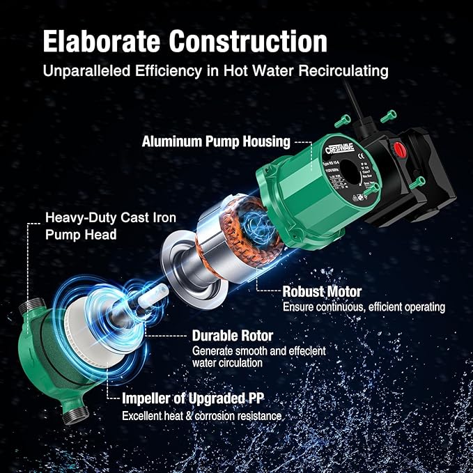 CrestWave Hot Water Recirculating Pump, 93W 110V Water Circulation Pump for Water Heater, 3-Speed-Control Durable Hot Water Pump for Domestic Electric Water Heater System