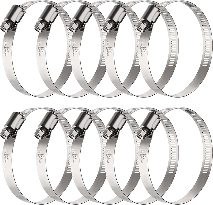 10PCS Hose Clamps Stainless Steel Adjustable 1-5/16"–2-1/4"(33-57mm) Worm Gear Hose Clamp, Heavy Duty Metal Small Hose Clamps for Automotive, Pipe, Radiator Plumbing, Fuel Line