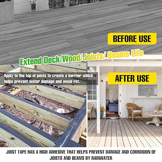 Joist Tape for Decking,6 Rolls 2" X 50' Butyl Tape,Weatherproof Butyl Sealant Deck Tape Joist- Deck Flashing Tape for Wood Joists Decks Roof