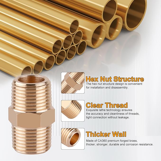 KOOTANS 12pcs Brass Pipe Fittings 1/4 NPT x 1/4 NPT Male to Male Solid Brass Hex Nipple NPT Adapter Pipe Fitting Equal Nipple Connector
